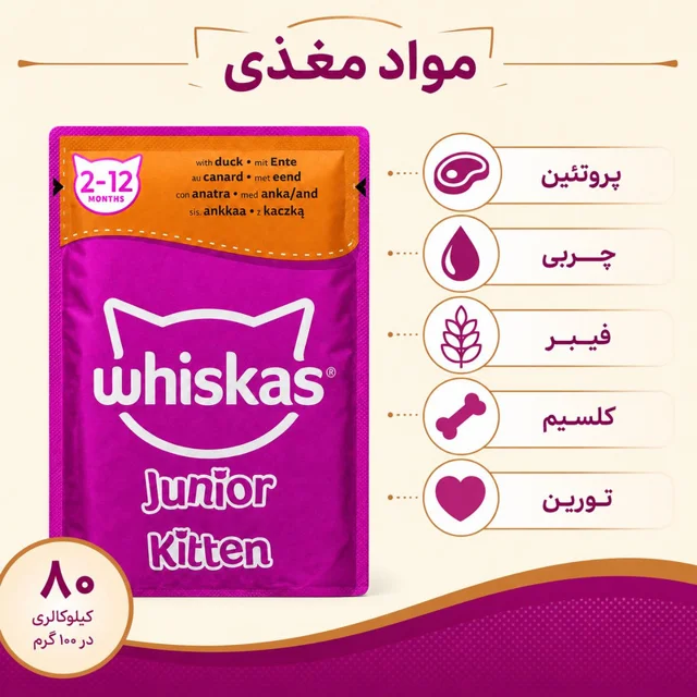 پوچ گربه نابالغ ویسکاس مدل Junior Kitten طعم اردک وزن ۸۵ گرم 102577482
