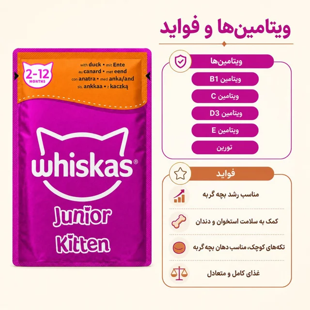 پوچ گربه نابالغ ویسکاس مدل Junior Kitten طعم اردک وزن ۸۵ گرم 102577484