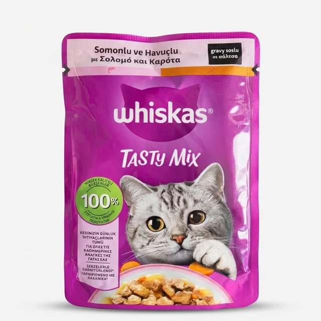 پوچ گربه بالغ ویسکاس مدل Tasty Mix طعم سالمون و هویج وزن 85 گرم